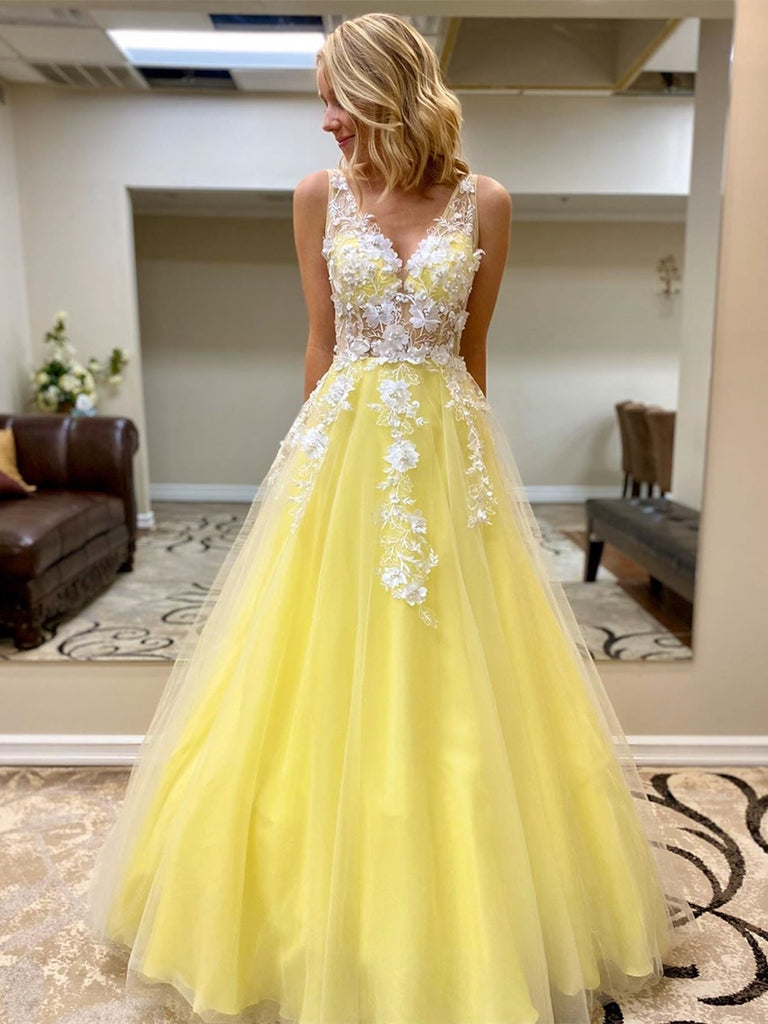 Custom Made V Neck White Lace Appliques Yellow Long Prom Dresses, Yellow Lace Formal Graduation Evening Dresses Custom Made V Neck White Lace Appliques Yellow Long Prom Dresses, Yellow Lace Formal Graduation Evening Dresses