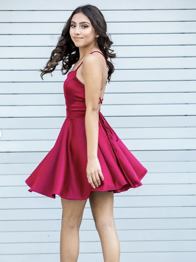 Cute A Line Backless Fuchsia Satin Short Prom Dresses, Backless Fuchsi Shiny Party Cute A Line Backless Fuchsia Satin Short Prom Dresses, Backless Fuchsi Shiny Party