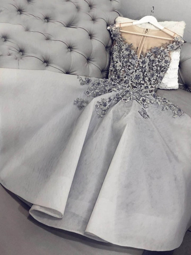 Cute A Line Round Neck Gray Floral Lace Short Prom Dresses, Gray Floral Lace Formal Graduation Homecoming Dresses