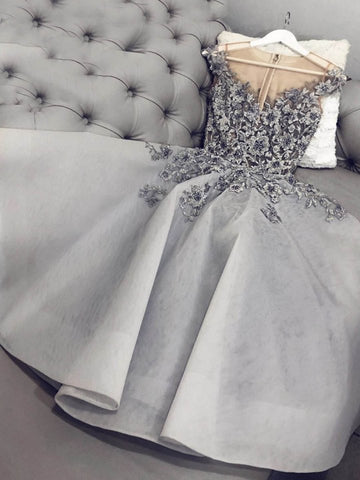 Cute A Line Round Neck Gray Floral Lace Short Prom Dresses, Gray Floral Lace Formal Graduation Homecoming Dresses