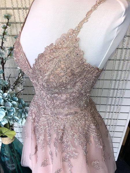 Cute A Line V Neck Backless Short Pink Lace Prom Dresses, Backless Pink Lace Formal Graduation Homecoming Dresses
