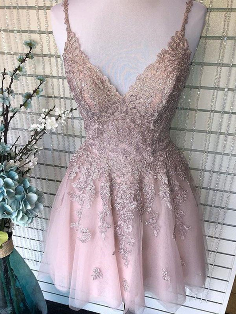 Cute A Line V Neck Backless Short Pink Lace Prom Dresses, Backless Pin Shiny Party Cute A Line V Neck Backless Short Pink Lace Prom Dresses, Backless Pin Shiny Party