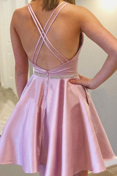 Cute Backless Pink Satin Short Prom Dresses with Pocket, Short Pink Formal Graduation Homecoming Dresses