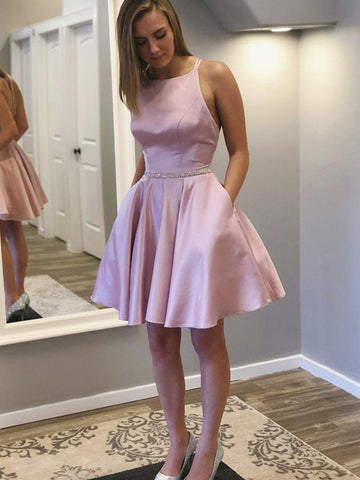 Cute Backless Pink Satin Short Prom Dresses with Pocket, Short Pink Formal Graduation Homecoming Dresses