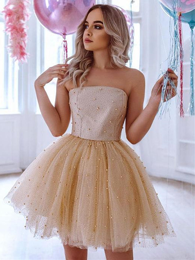 Cute Beaded Champagne Tulle Short Prom Dresses, Champagne Formal Graduation Homecoming Dresses with Beadings