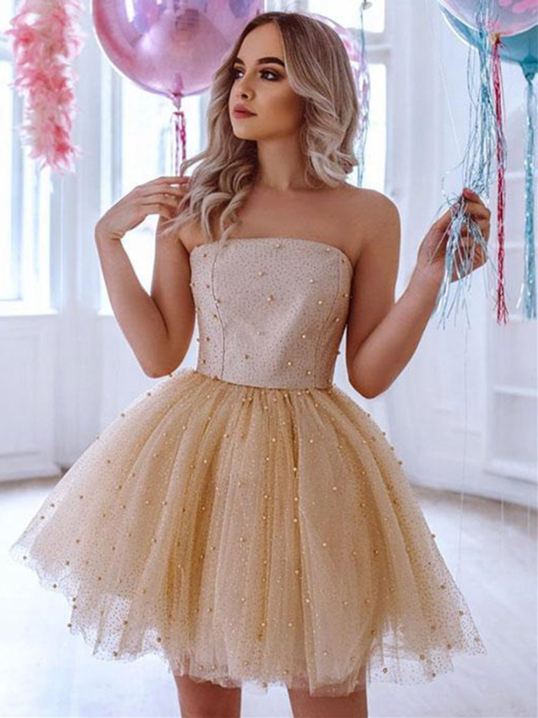 Cute Beaded Champagne Tulle Short Prom Dresses, Champagne Formal Gradu Shiny Party Cute Beaded Champagne Tulle Short Prom Dresses, Champagne Formal Gradu Shiny Party