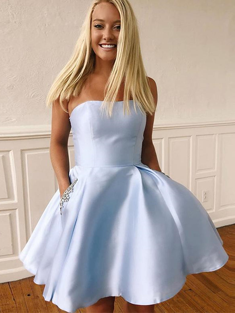 Cute Blue Satin Short Prom Homecoming Dresses with Pocket, Short Blue Formal Graduation Evening Dresses SP2086 Cute Blue Satin Short Prom Homecoming Dresses with Pocket, Short Blue Formal Graduation Evening Dresses SP2086