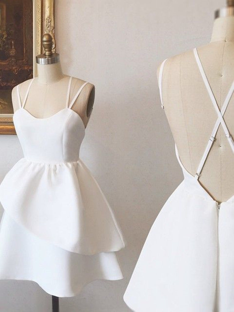 Cute High Low Open Back White Short Prom Dresses, Backless White Homec Shiny Party Cute High Low Open Back White Short Prom Dresses, Backless White Homec Shiny Party