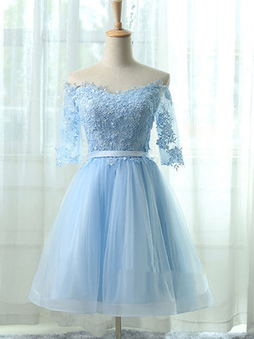 Cute Lace Short Light Blue Prom Dresses, Light Blue Homecoming Dresses, Bridesmaid Dresses