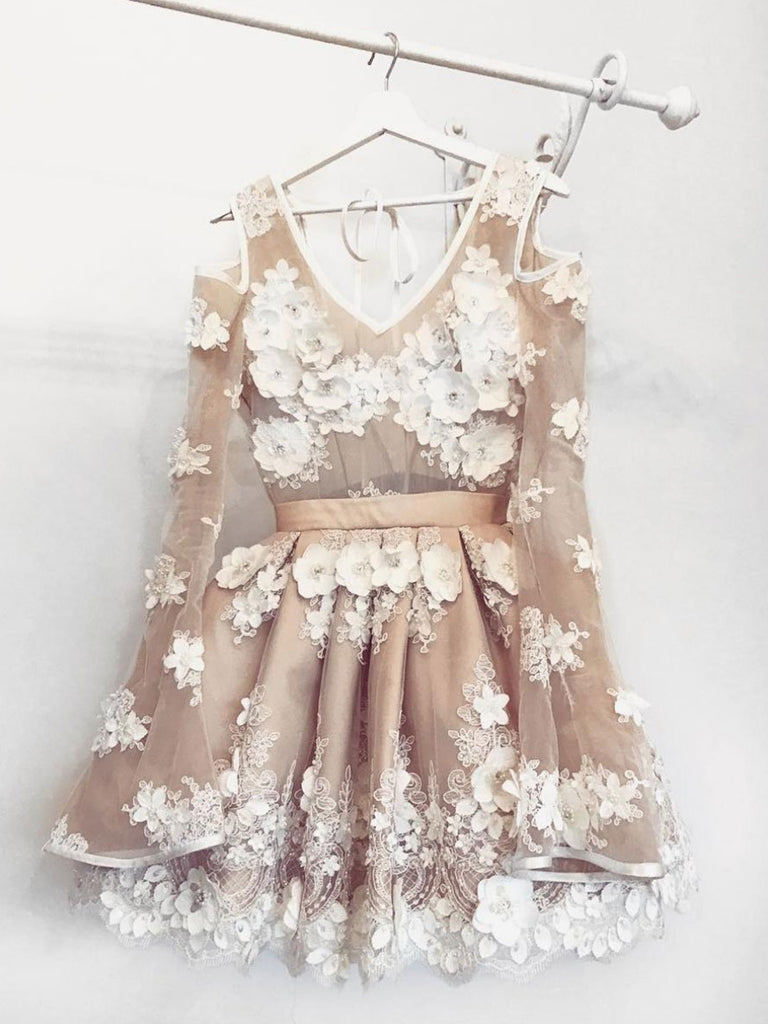 Cute Long Sleeves Short Champagne Floral Prom Dresses, Champagne Flora Shiny Party Cute Long Sleeves Short Champagne Floral Prom Dresses, Champagne Flora Shiny Party