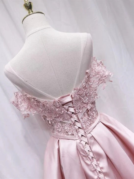 Cute Off Shoulder Pink Lace Short Prom Dresses, Pink Lace Formal Graduation Homecoming Dresses