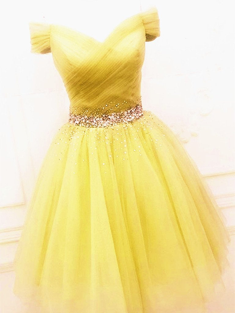 Cute Off Shoulder Sequins Yellow Short Prom Dresses, Off the Shoulder Yellow Homecoming Dresses, Yellow Formal Evening Dresses