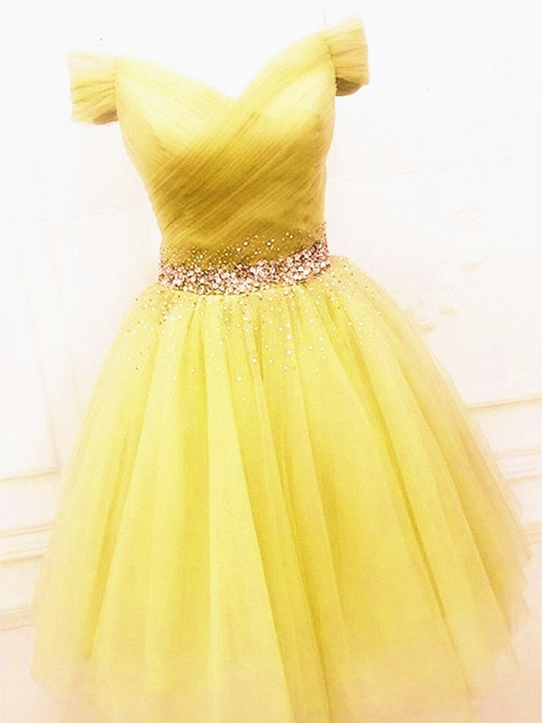Cute Off Shoulder Sequins Yellow Short Prom Dresses, Off the Shoulder Shiny Party Cute Off Shoulder Sequins Yellow Short Prom Dresses, Off the Shoulder Shiny Party