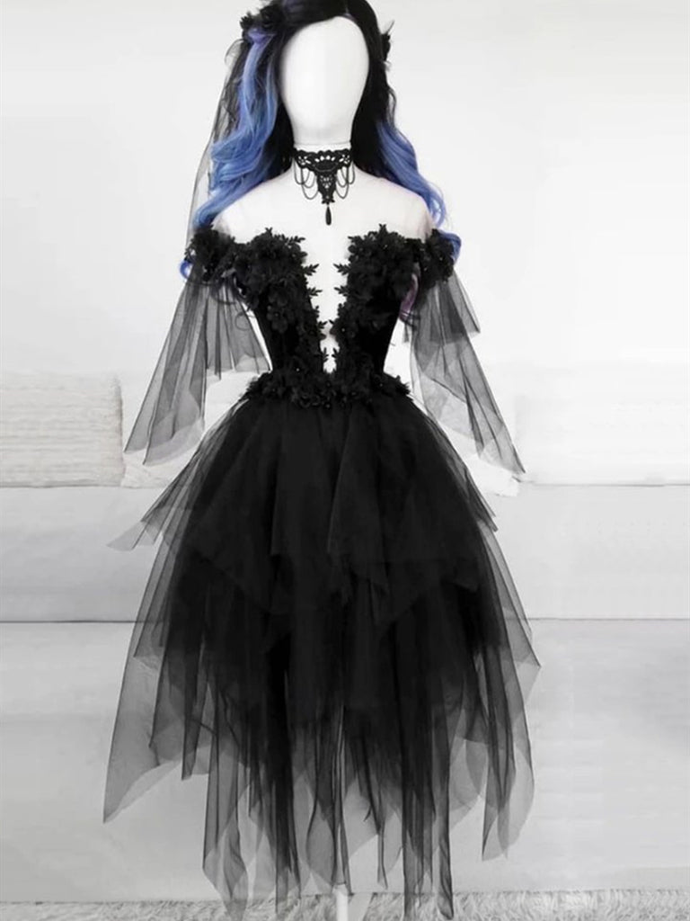Lace Short Fluffy Prom Dresses Cute Off Shoulder Short Black Lace Prom Dresses, Black Lace Fluffy Formal Graduation Homecoming Dresses Lace Short Fluffy Prom Dresses Cute Off Shoulder Short Black Lace Prom Dresses, Black Lace Fluffy Formal Graduation Homecoming Dresses