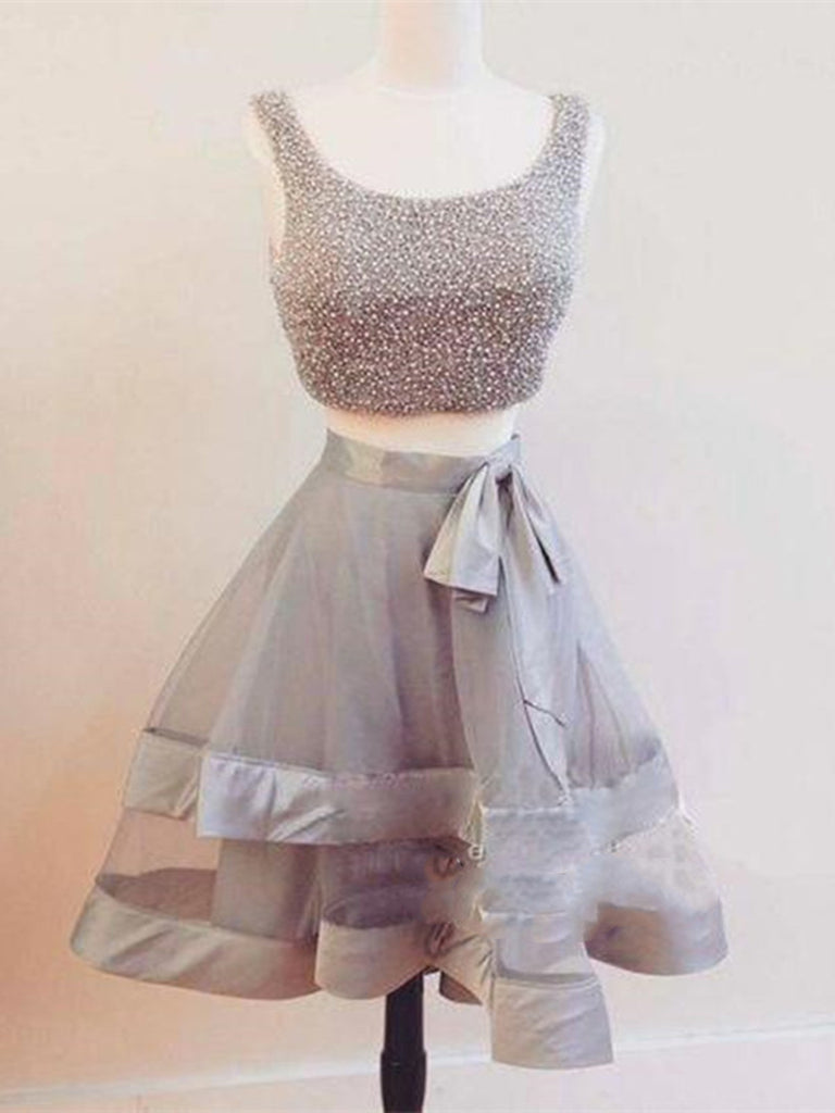 Cute Round Neck Two Pieces Short Grey Prom Dresses, Cute Grey Homecoming Dresses
