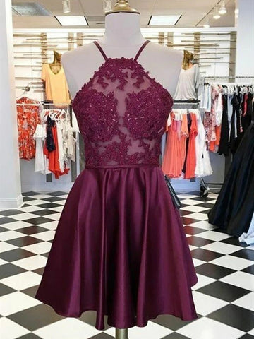 Cute Short Burgundy Lace Prom Dresses, Burgundy Lace Formal Graduation Evening Dresses, Burgundy Homecoming Dresses