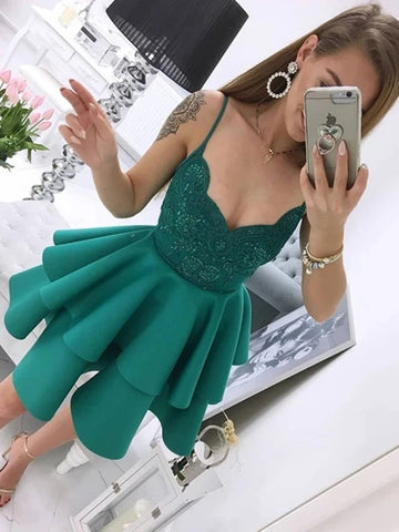 Cute Spaghetti Straps Green Lace Short Prom Homecoming Dresses, Layered Green Lace Formal Graduation Evening Dresses