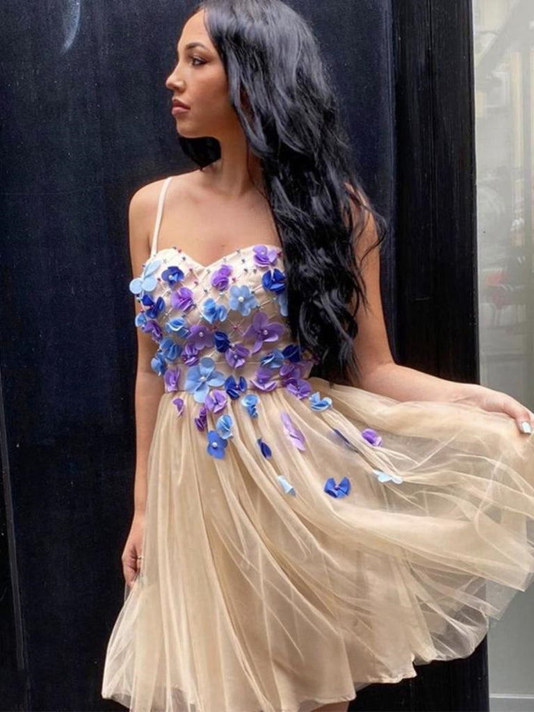 Cute Sweetheart Neck Spaghetti Straps Floral Champagne Prom Dresses, C Shiny Party Cute Sweetheart Neck Spaghetti Straps Floral Champagne Prom Dresses, C Shiny Party