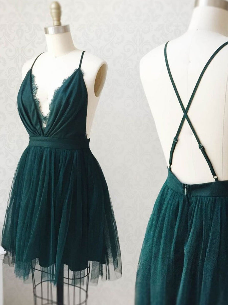 Cute V Neck Backless Green Short Prom Dresses, Backless Green Homecoming Dresses, Green Formal Graduation Evening Dresses SP2092