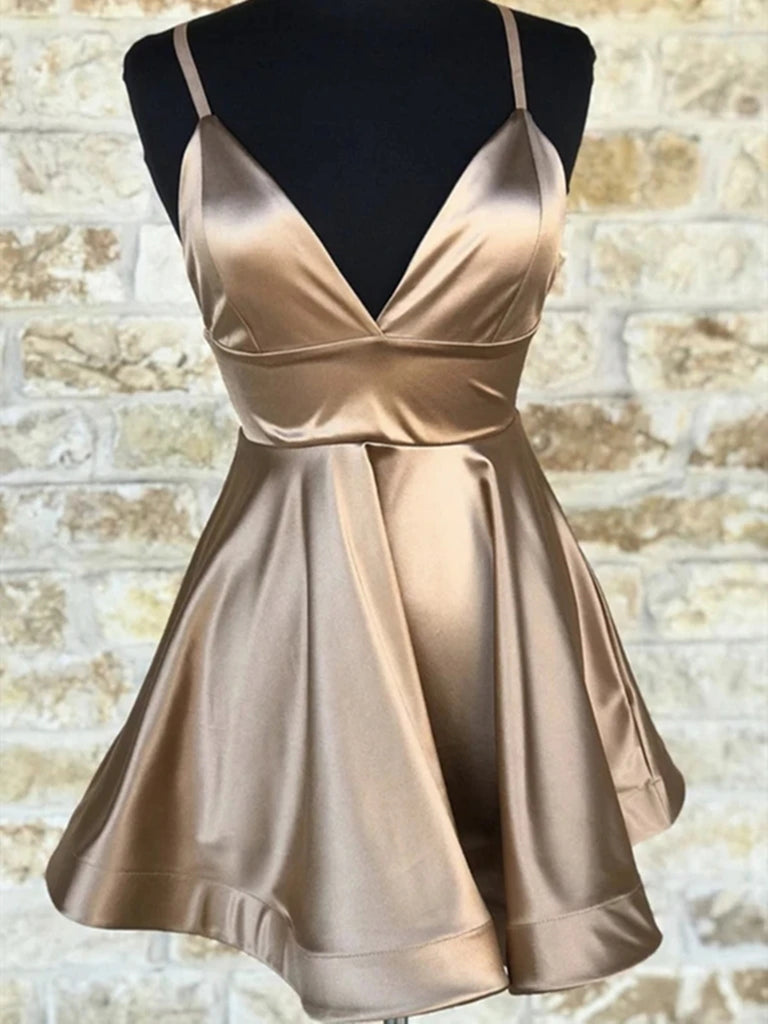Cute V Neck Champagne Short Prom Dresses, V Neck Champagne Homecoming Shiny Party Cute V Neck Champagne Short Prom Dresses, V Neck Champagne Homecoming Shiny Party