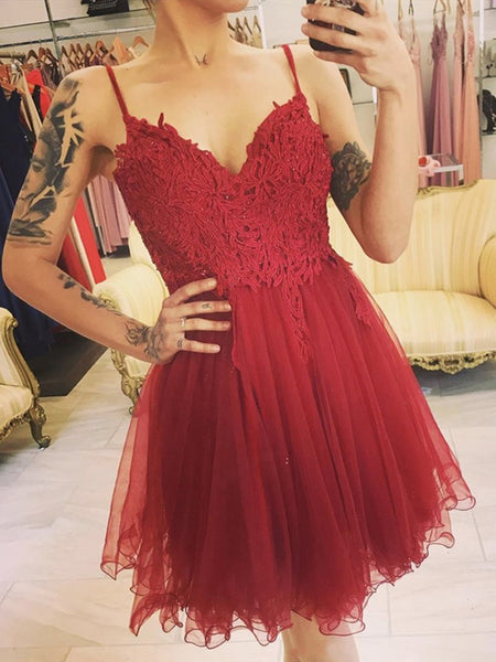 Cute V Neck Dart Red Lace Short Prom Dresses, Dark Red Lace Formal Graduation Homecoming Dresses