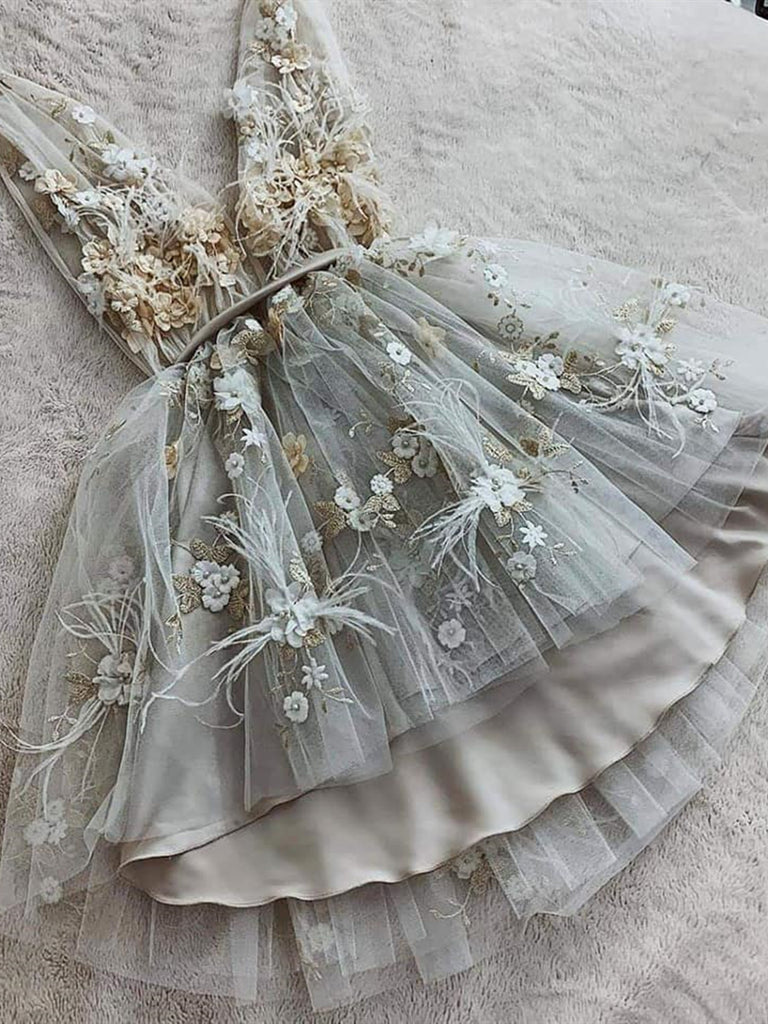 Cute V Neck Floral Short Gray Lace Prom Dresses, Short Gray Lace Forma Shiny Party Cute V Neck Floral Short Gray Lace Prom Dresses, Short Gray Lace Forma Shiny Party