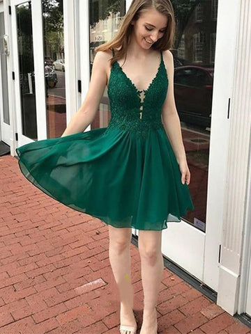 Cute V Neck Green Lace Short Prom Homecoming Dresses, Short Green Lace Formal Graduation Evening Dresses SP2440