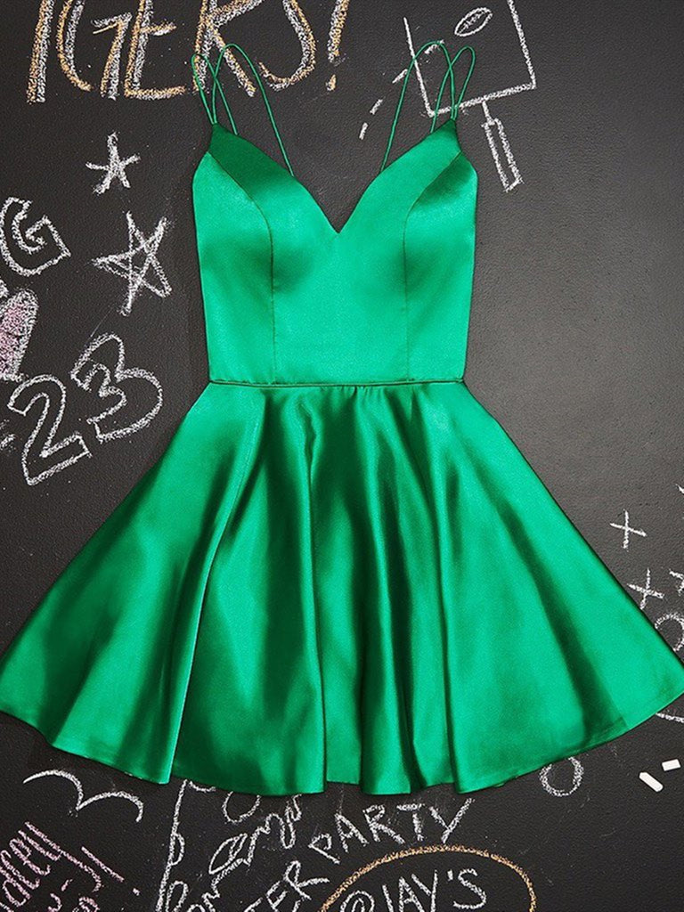 Cute V Neck Green Satin Short Homecoming Prom Dresses, V Neck Green Fo Shiny Party Cute V Neck Green Satin Short Homecoming Prom Dresses, V Neck Green Fo Shiny Party