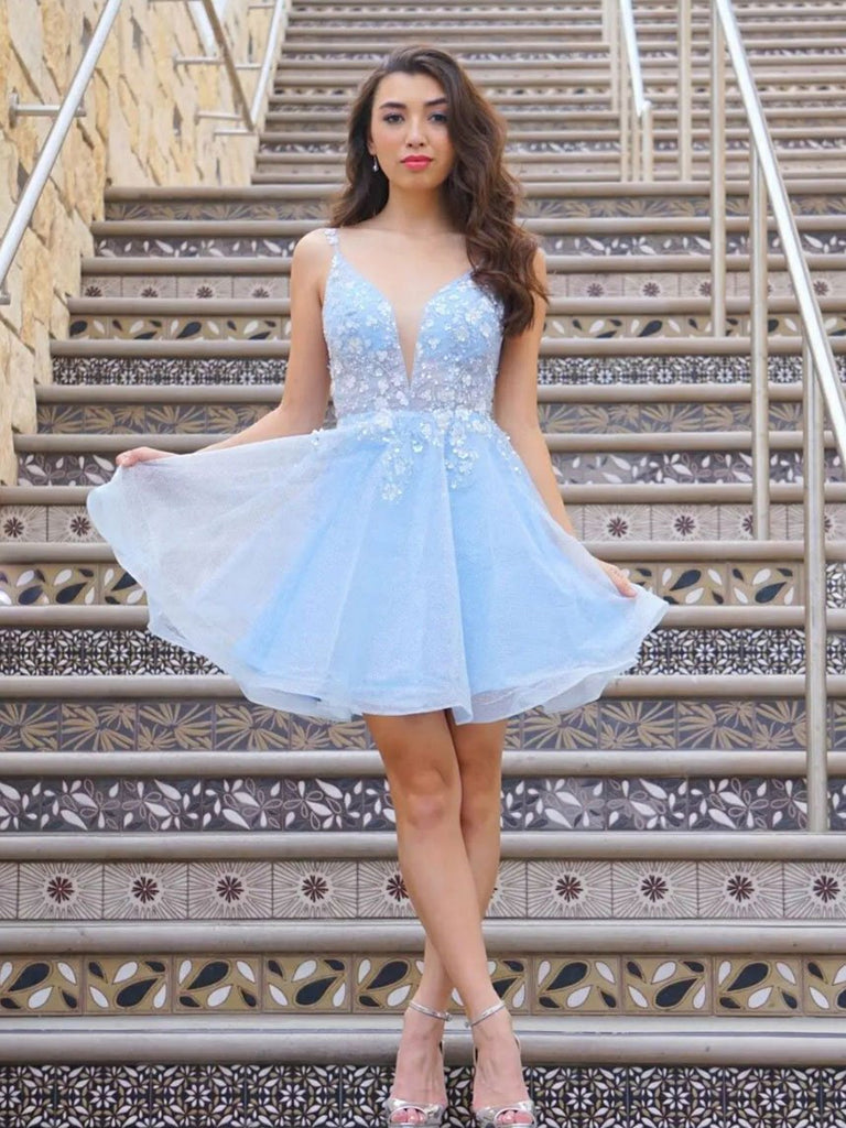 Cute V Neck Light Blue Lace Floral Short Prom Homecoming Dresses, Ligh Shiny Party Cute V Neck Light Blue Lace Floral Short Prom Homecoming Dresses, Ligh Shiny Party