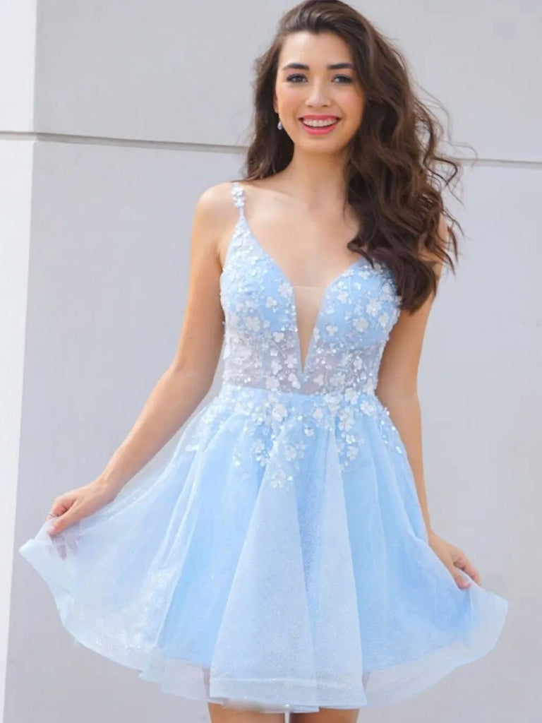 Cute V Neck Light Blue Lace Floral Short Prom Homecoming Dresses, Ligh Shiny Party Cute V Neck Light Blue Lace Floral Short Prom Homecoming Dresses, Ligh Shiny Party