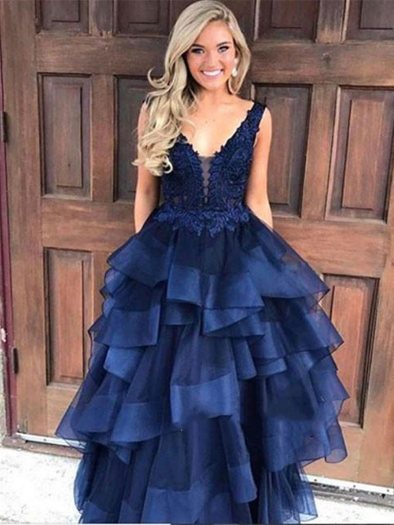 Cute V Neck Navy Blue Lace Prom Dress, Lace Prom Gown, Dark Blue Evening Dress