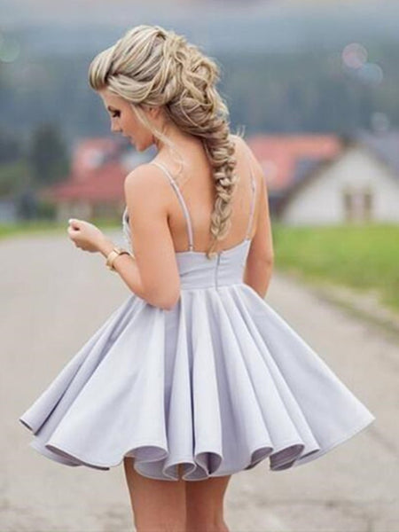 Cute V Neck Open Back Short Gray Lace Prom Dresses, Backless Gray Lace Formal Graduation Homecoming Dresses