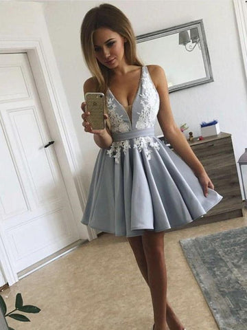 Cute V Neck Open Back Short Gray Lace Prom Dresses, Backless Gray Lace Formal Graduation Homecoming Dresses