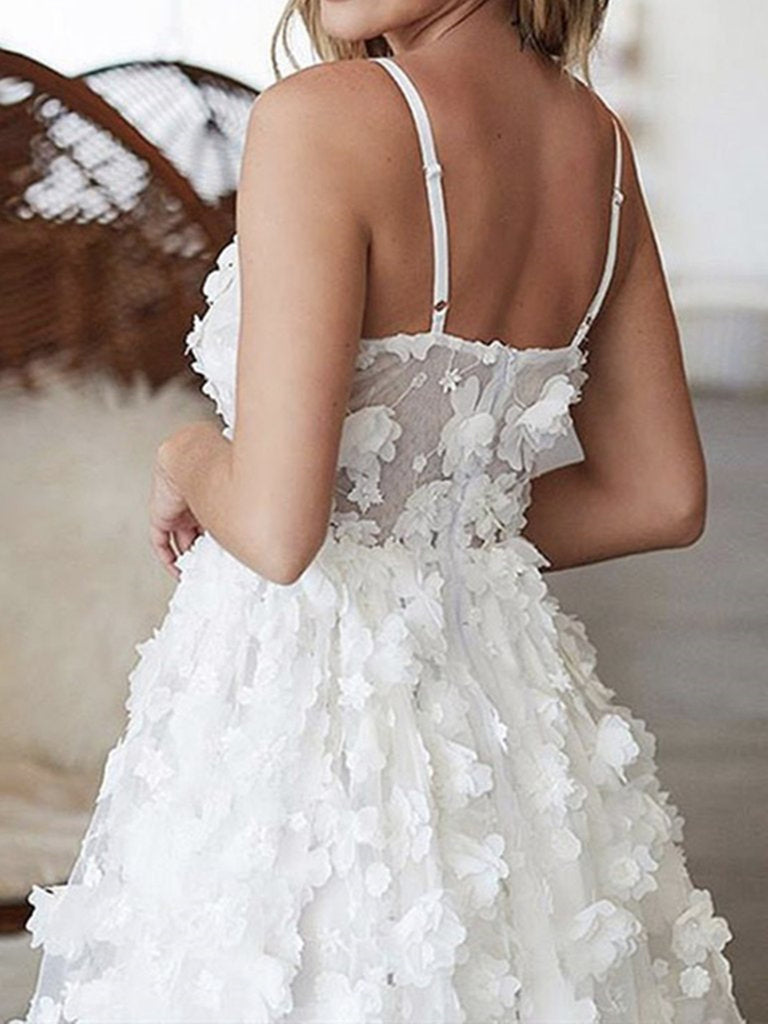 Cute V Neck Open Back White Lace Floral Short Prom Dresses