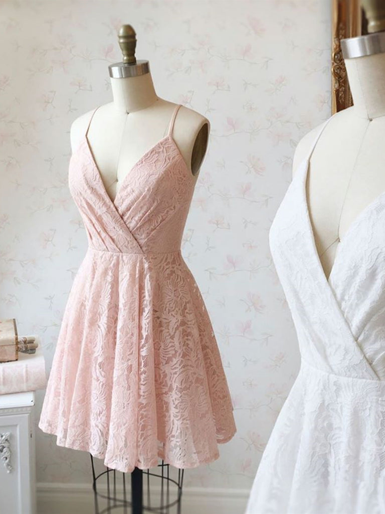 Cute Pink Lace Short Prom Homecoming Dress, Pink Lace Formal Dress