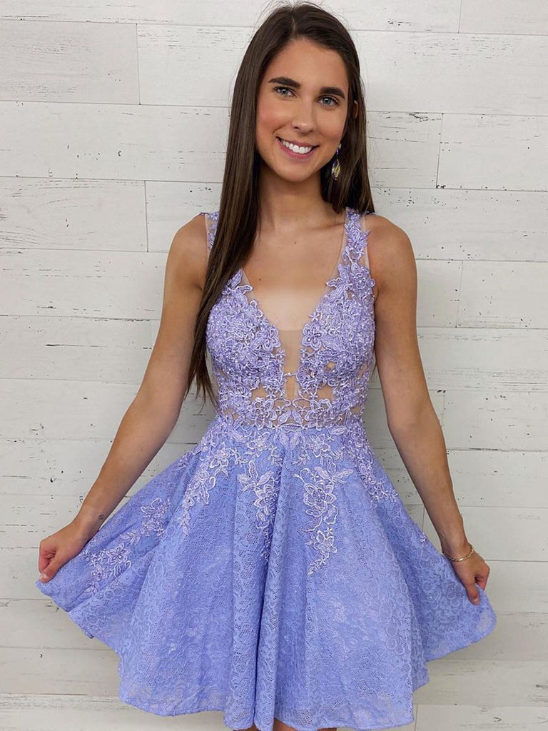 Cute V Neck Purple Lace Short Prom Dresses, Lilac Lace Homecoming Dresses, Short Purple Formal Evening Dresses SP2059