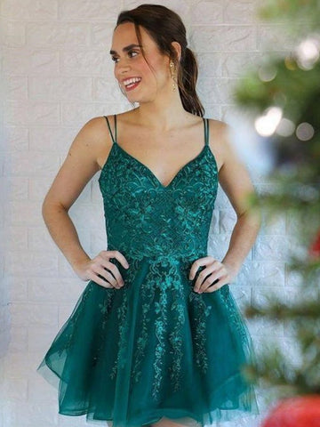 Cute V Neck Short Green Lace Prom Homecoming Dresses, Short V Neck Green Lace Formal Evening Dresses SP2072