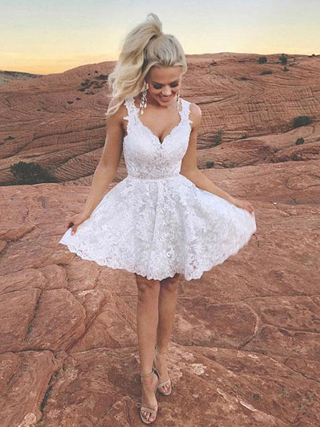Cute V Neck Short Ivory Lace Prom Dresses, Ivory Lace Formal Graduation Homecoming Dresses