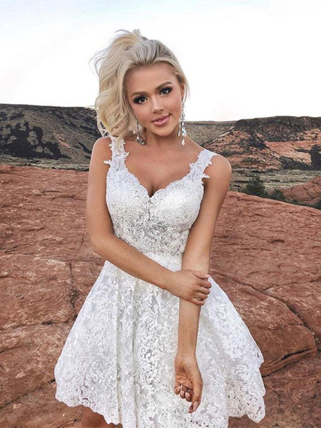 Cute V Neck Short Ivory Lace Prom Dresses, Ivory Lace Formal Graduation Homecoming Dresses