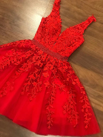 Cute V Neck Short Red Lace Prom Dresses with Belt, Red Lace Formal Graduation Homecoming Dresses
