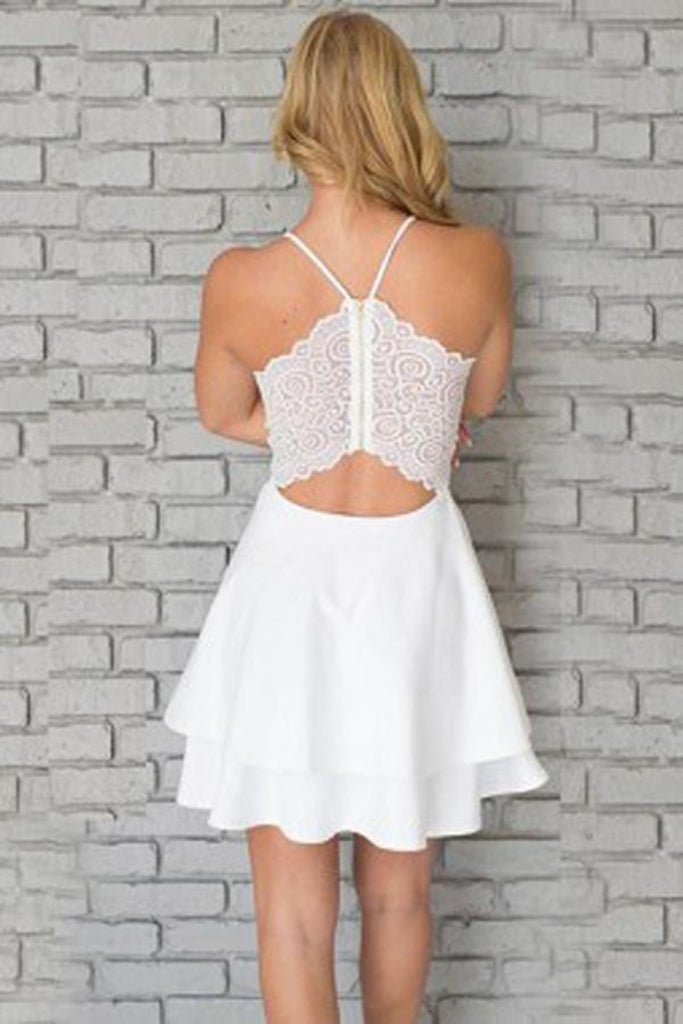 Cute V Neck White Short Prom Dresses with Lace Back, Short White Homec Shiny Party Cute V Neck White Short Prom Dresses with Lace Back, Short White Homec Shiny Party