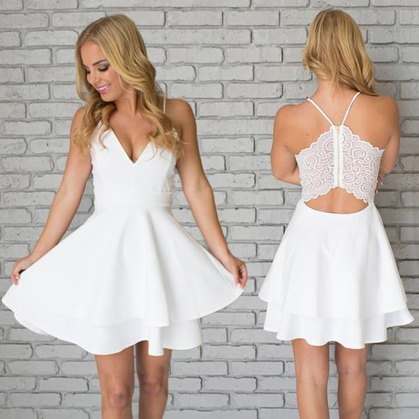 Cute V Neck White Short Prom Dresses with Lace Back, Short White Homecoming Formal Evening Dresses