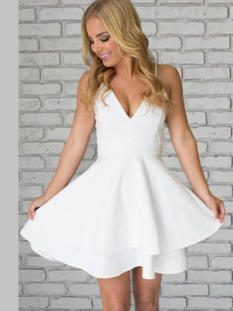 Cute V Neck White Short Prom Dresses with Lace Back, Short White Homecoming Formal Evening Dresses Cute V Neck White Short Prom Dresses with Lace Back, Short White Homecoming Formal Evening Dresses