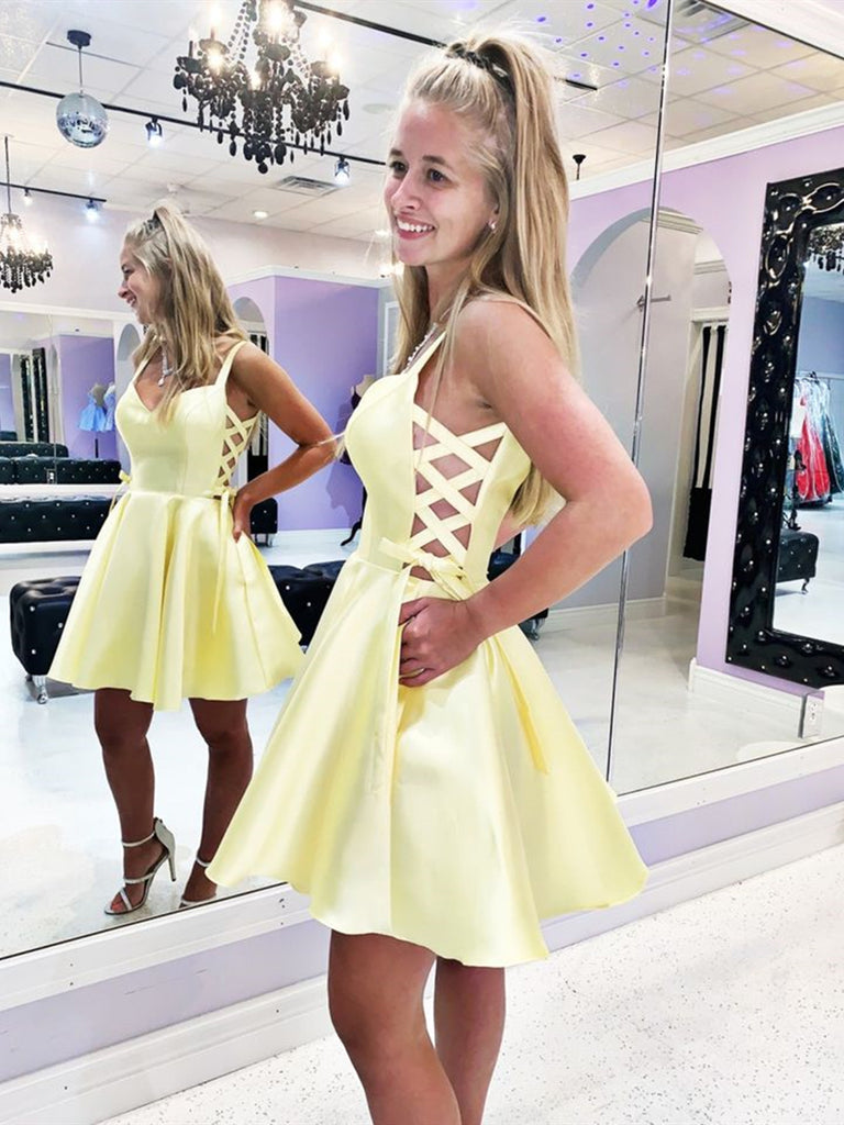 Cute V Neck Yellow Satin Short Prom Dresses, Short Yellow Formal Graduation Homecoming Dresses Cute V Neck Yellow Satin Short Prom Dresses, Short Yellow Formal Graduation Homecoming Dresses
