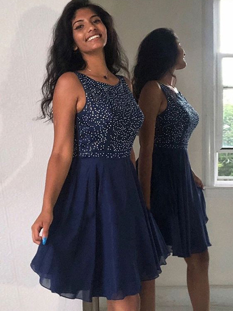 Cute A Line Round Neck Beaded Navy Blue Short Prom Dresses Homecoming Shiny Party Cute A Line Round Neck Beaded Navy Blue Short Prom Dresses Homecoming Shiny Party