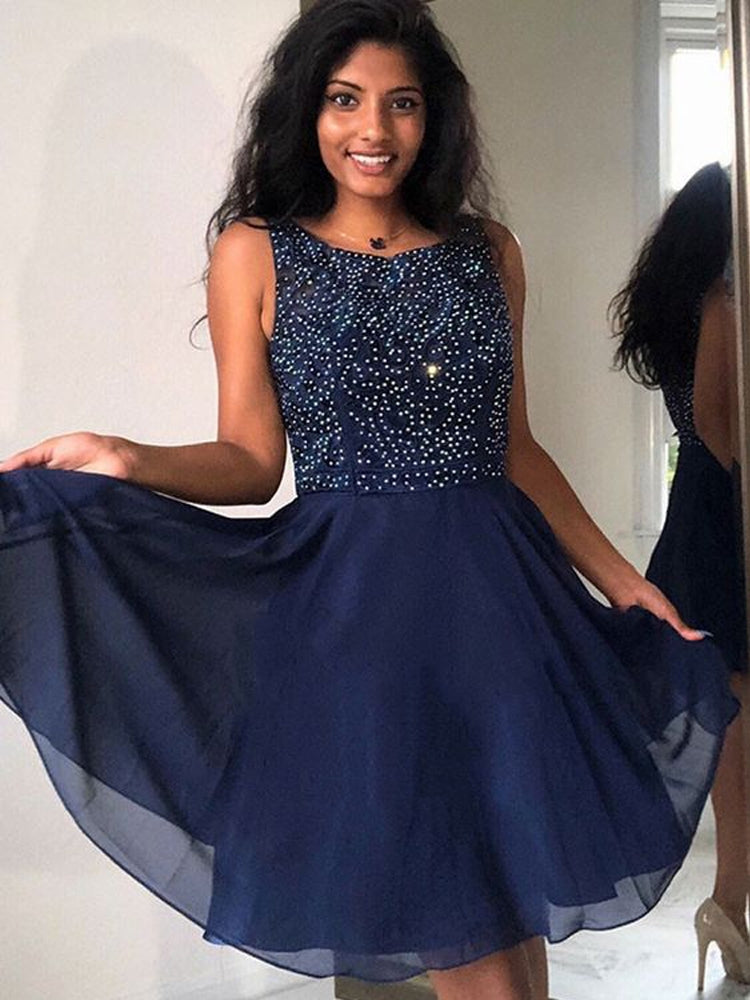 Cute A Line Round Neck Beaded Navy Blue Short Prom Dresses Homecoming Dresses, Navy Blue Formal Dresses, Graduation Dresses Cute A Line Round Neck Beaded Navy Blue Short Prom Dresses Homecoming Dresses, Navy Blue Formal Dresses, Graduation Dresses
