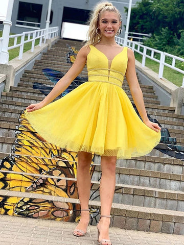 Cute A Line V Neck Yellow Short Prom Dresses Homecoming Dresses with Thin Belt, Yellow V Neck Formal Graduation Evening Dresses