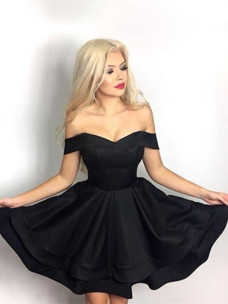 Cute Black Off Shoulder Layered Satin Short Prom Dresses Homecoming Dr Shiny Party Cute Black Off Shoulder Layered Satin Short Prom Dresses Homecoming Dr Shiny Party