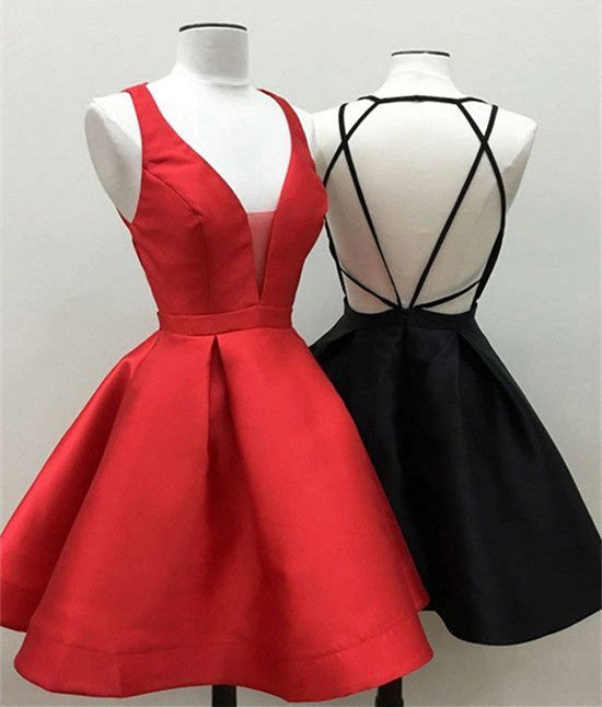 sexy red homecoming dress Cute Deep V Neck Black Dresses Red Homecoming Dresses, Sexy Black Prom – Shiny Party