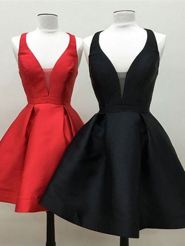 Cute Deep V Neck Black Dresses Red Homecoming Dresses, Sexy Black Prom Dresses